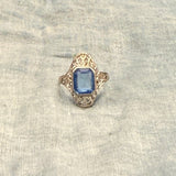 "14k" WG Blue Stone Filigree Baby Ring